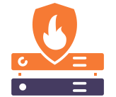 Icon representing cybersecurity with a shield and a flame symbol over two stacked books or servers.