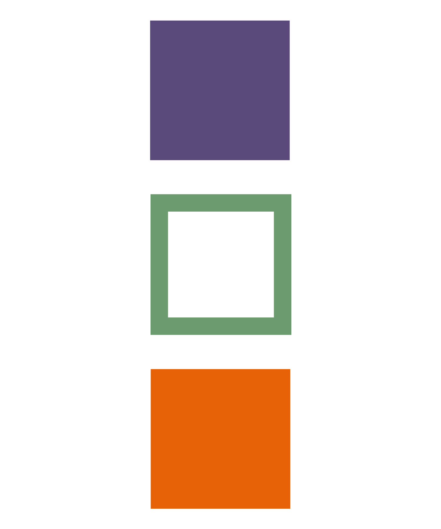 An illustration of a proportional diagram with three squares aligned vertically: a purple square at the top, a green square in the middle, and an orange square at the bottom. The squares are larger than their surrounding black outlines.