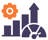 A bar chart with upward trending arrow, an gear icon, and a speedometer gauge.