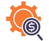 A gear icon with a dollar sign magnifying glass overlay