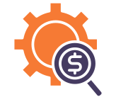 An orange gear icon with a magnifying glass and dollar sign overlay.