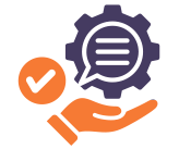 Hand holding a gear with a check mark and speech bubble icons, representing process or quality assurance.