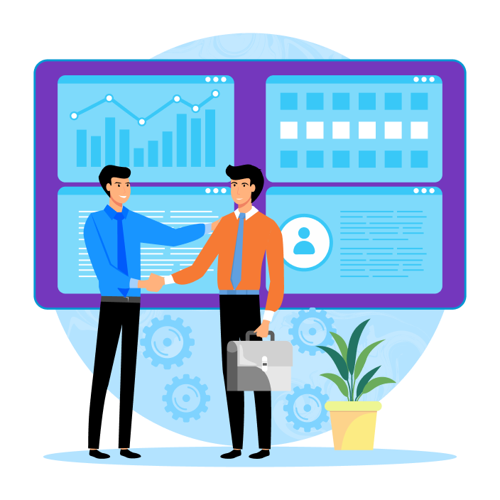 Two business professionals shaking hands in an office with a digital screen showing graphs and data behind them.