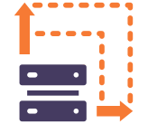 Diagram of a network or data flow with two purple servers connected by orange dashed arrows.
