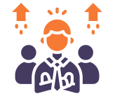 Person wearing a headset with three people behind, upward arrows above indicating growth or support.