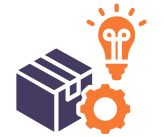 Illustration of a lightbulb, a gear, and a box or crate