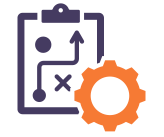 Illustration of a strategic plan with a clipboard showing a map and a gear icon.