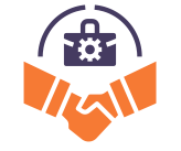 Two hands shaking with a gear and robot icon above, representing partnership and automation.