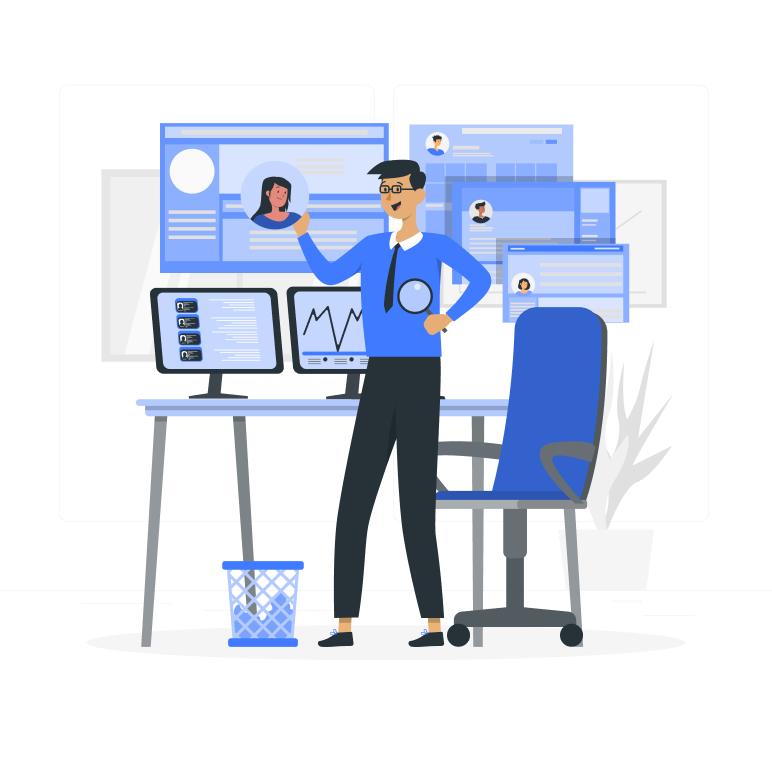 An illustration of a man in an office surrounded by multiple computer screens displaying social media profiles and analytics, holding a magnifying glass and gesturing with his other hand.