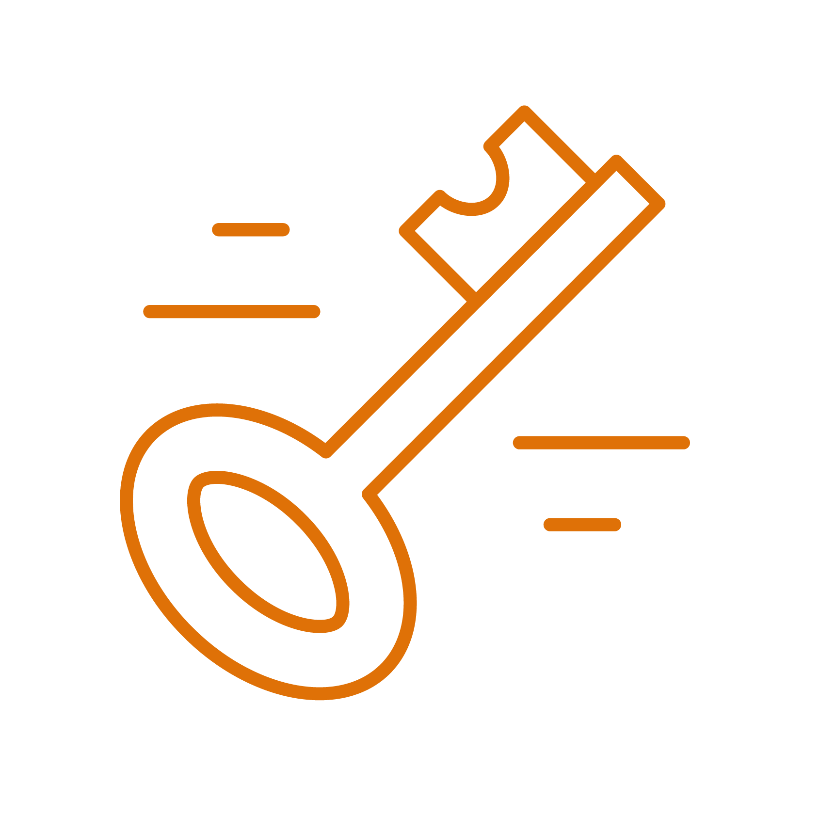 Line drawing of a key with motion lines indicating movement on a black background.