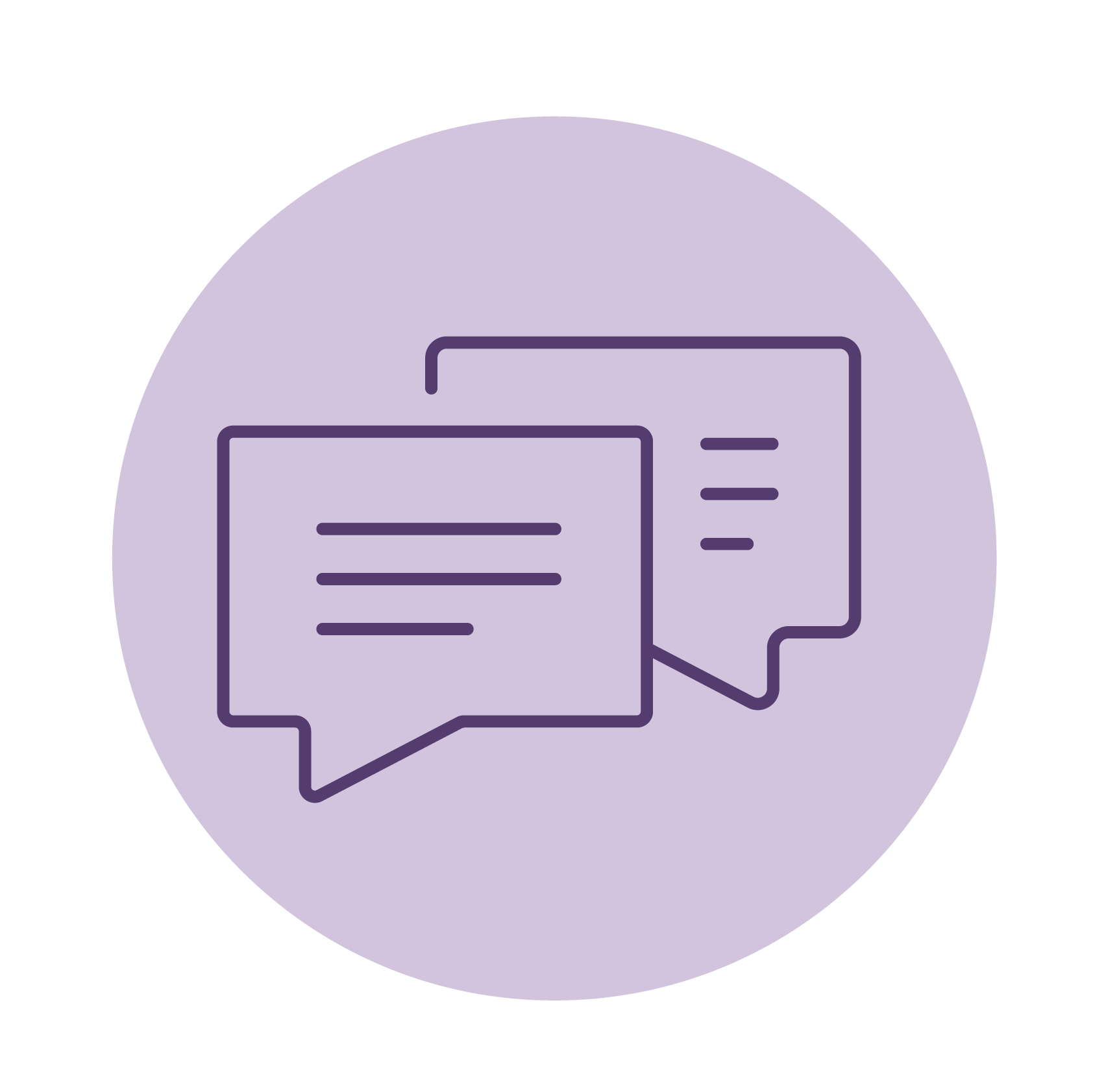 Two chat bubbles, outlined in purple, inside a light purple circle.