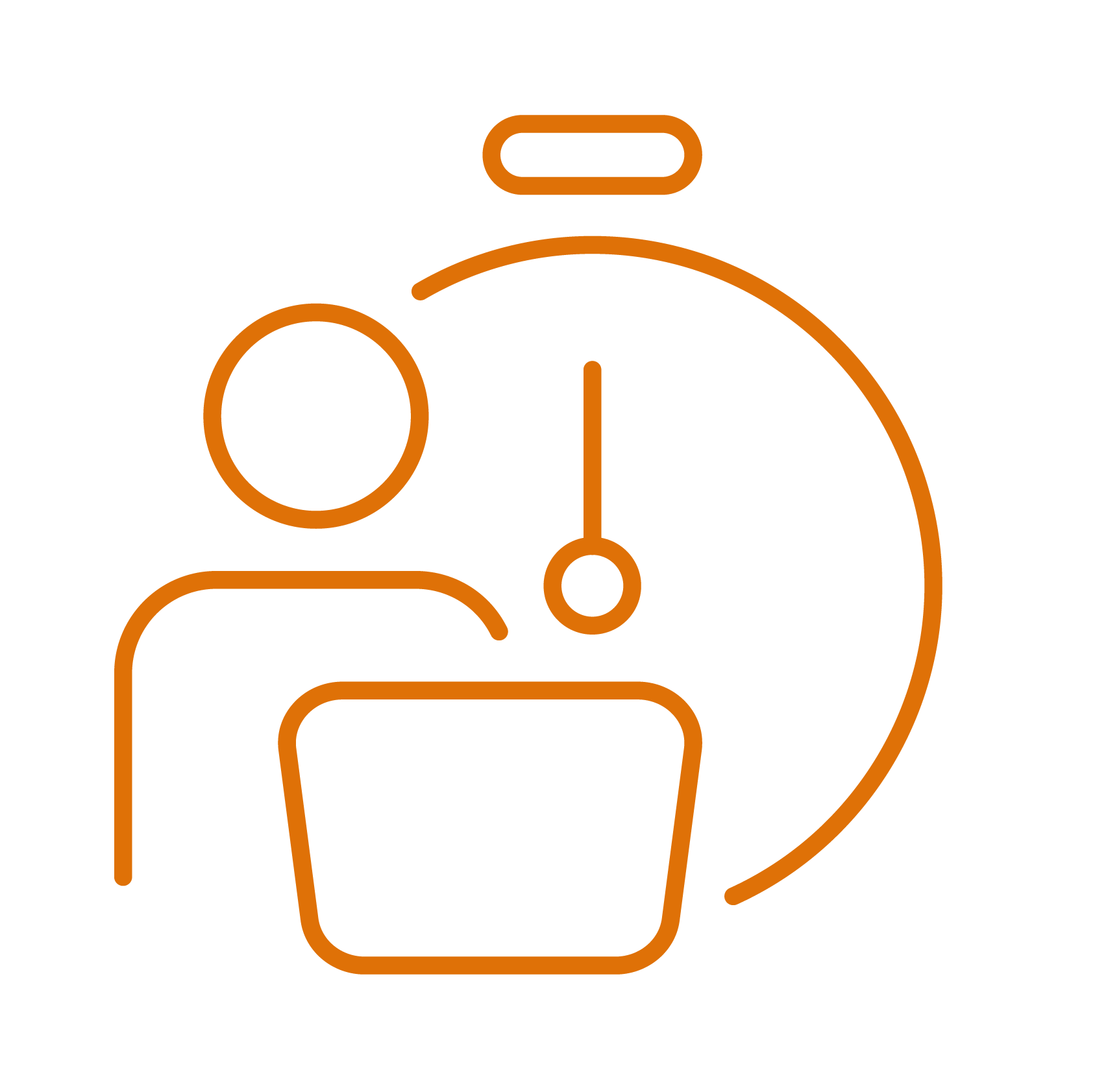 Outline illustration of a person at a desk with a clock behind them, symbolizing time management or scheduling.
