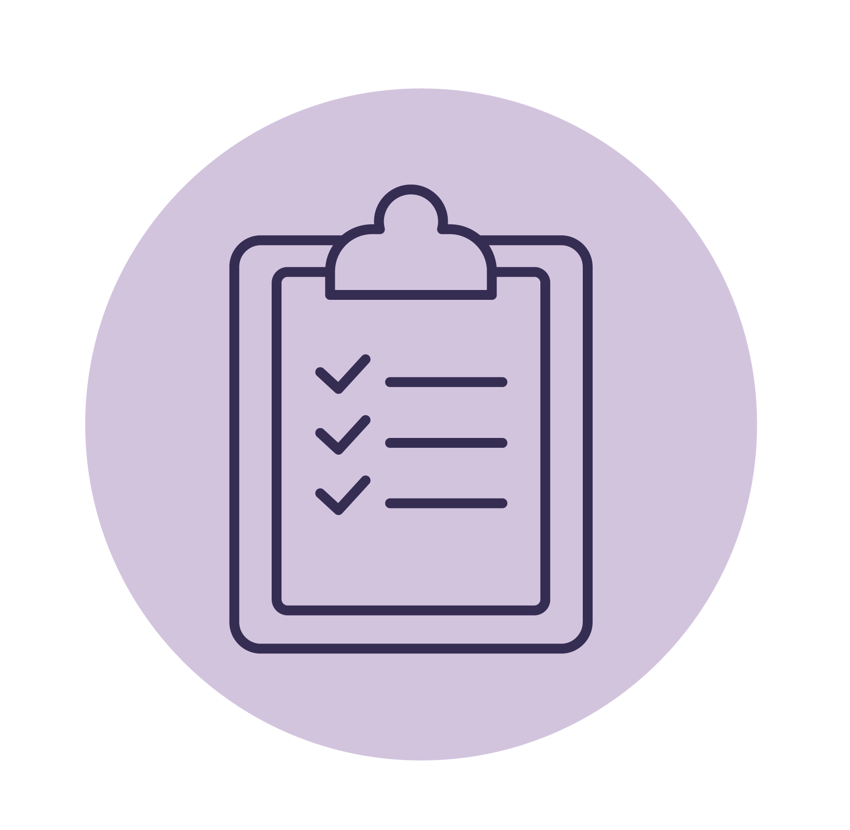 Icon of a clipboard with a checklist on a light purple circular background.