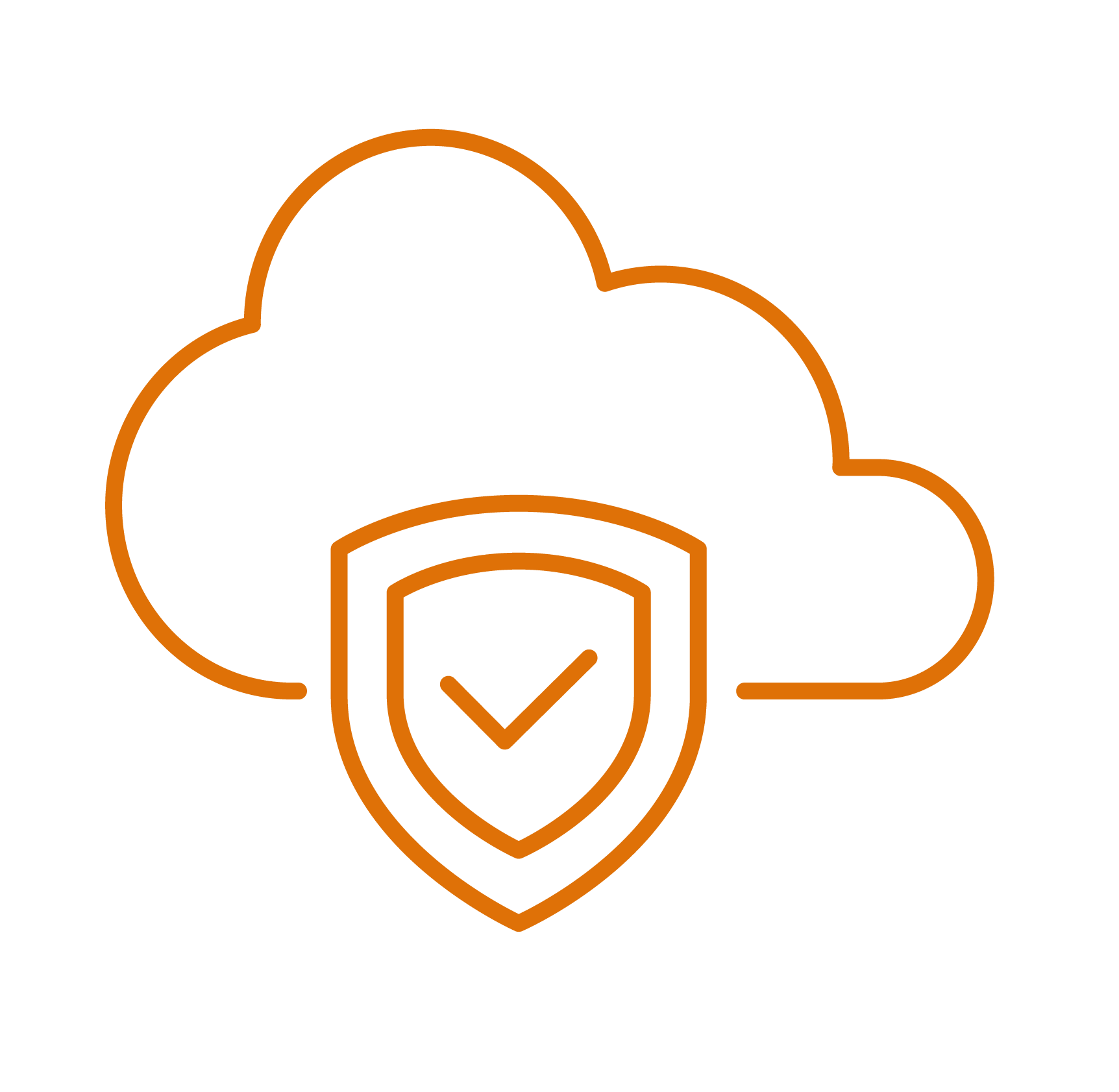Outline of a cloud with a shield and checkmark symbol, representing cloud security or protection.