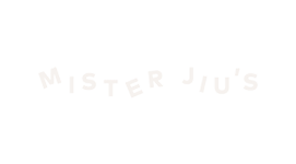 Text saying 'MISTER JIU'S' in stylized black and white font.