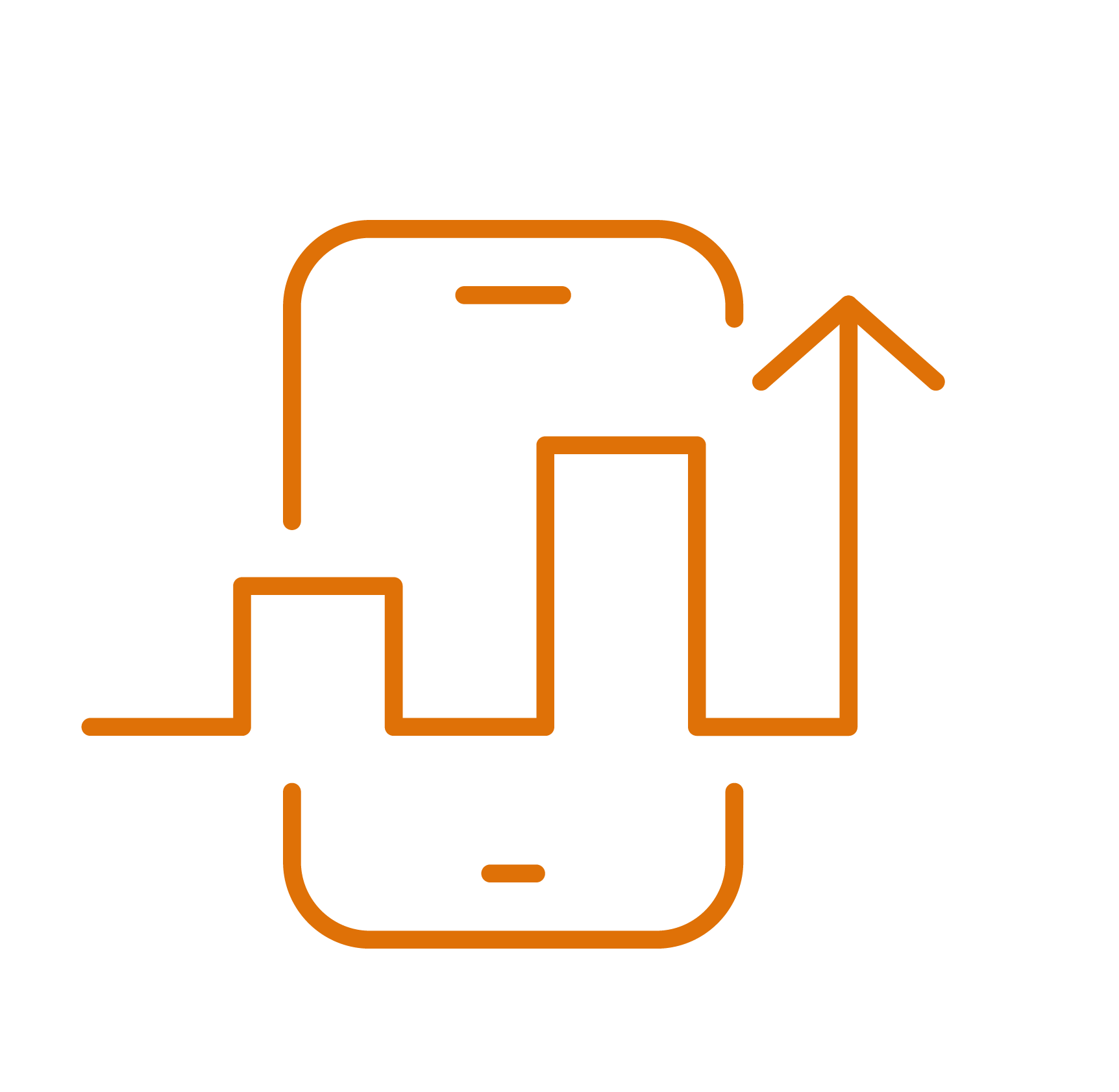 Line drawing of a smartphone with three bar graphs and an upward arrow symbolizing data growth or analysis.