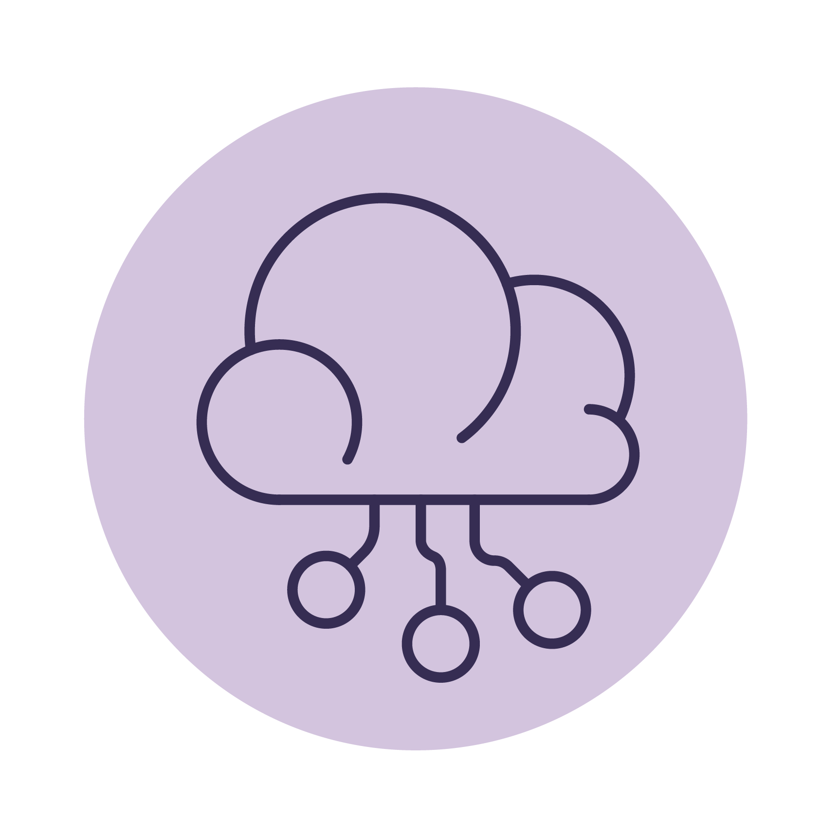 Line drawing of a cloud with connected nodes below it, over a purple circular background.