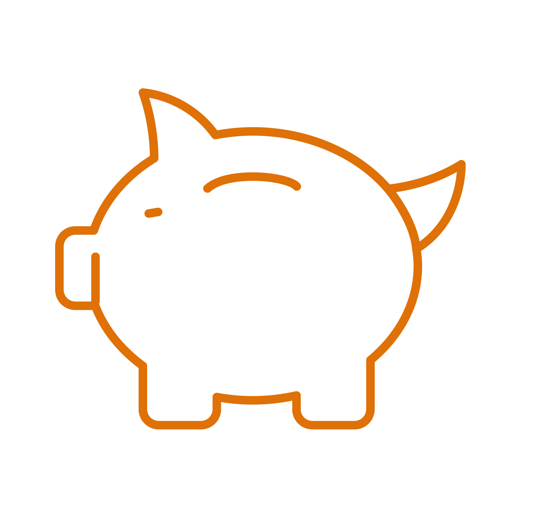 Outline illustration of a piggy bank in orange lines on a black background.