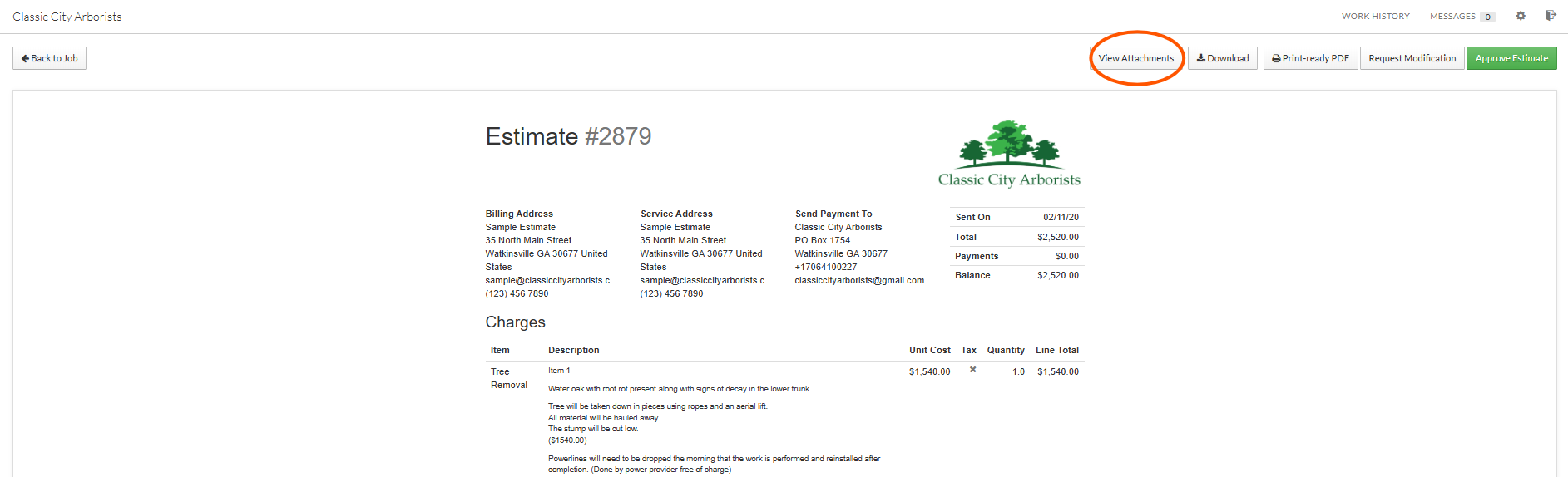Estimate document titled #2879 from Classic City Arborists, including billing and service addresses at 35 North Main Street, Watkinsville, GA, with details of tree removal charge for one tree, total amount $2,520, sent on February 11, 2020.