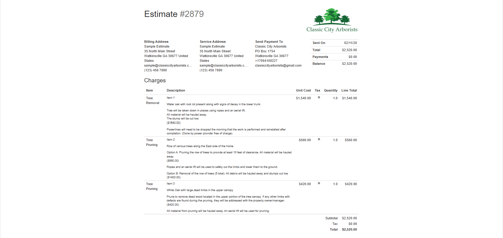 A detailed landscaping service invoice from Classic City Arborists, listing tree removal and pruning services, costs, and payment details.