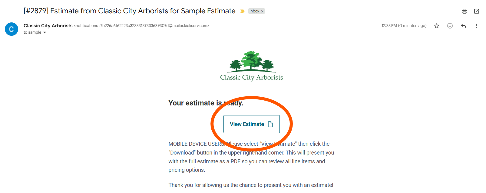 Email from Classic City Arborists with a green logo of trees and a blue 'View Estimate' button circled in orange.