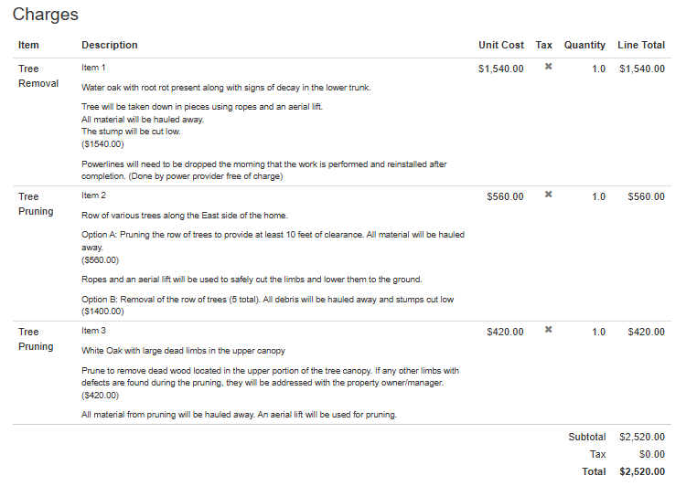 Table showing charges for tree removal and pruning services, including descriptions, costs, quantities, and total amounts.