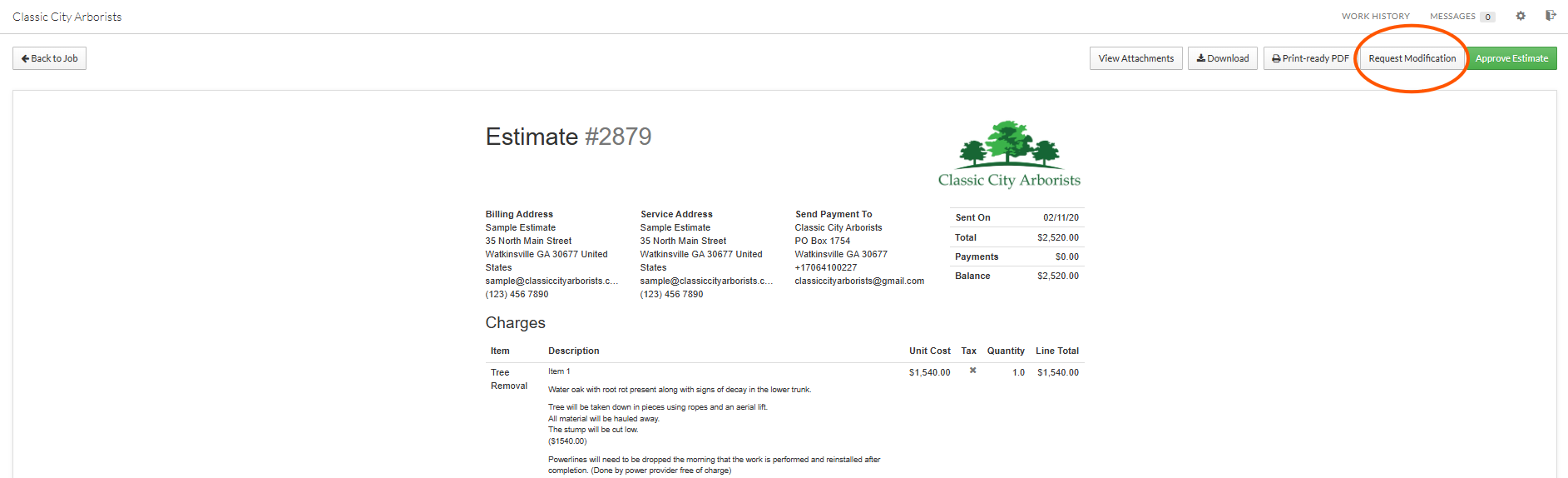 A digital interface showing an estimate from Classic City Arborists with details about tree removal services, including billing and service addresses, charges, payment info, and an option to request modification, along with buttons for viewing attachments, downloading PDF, and approving the estimate.