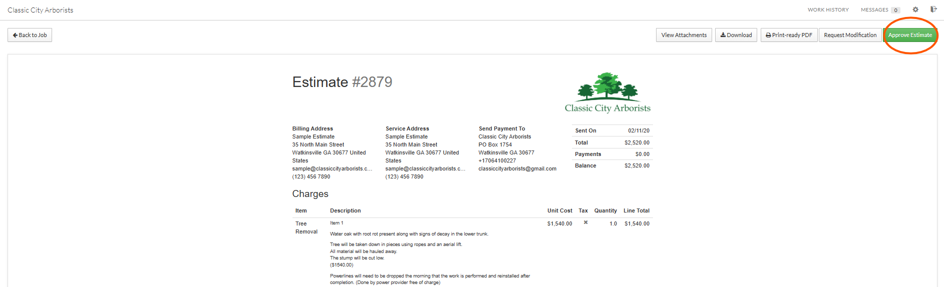A screenshot of an estimate document from Classic City Arborists for tree removal services, showing billing and service addresses, payment details, charges, and a green logo with trees. The top right corner has a green 'Approve Estimate' button.