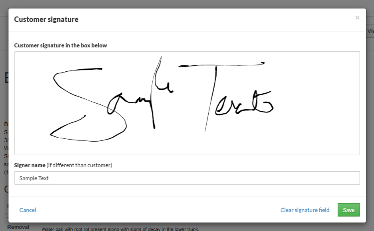 Digital signature in a box labeled 'Customer signature' with a handwritten signature and a 'Save' button.