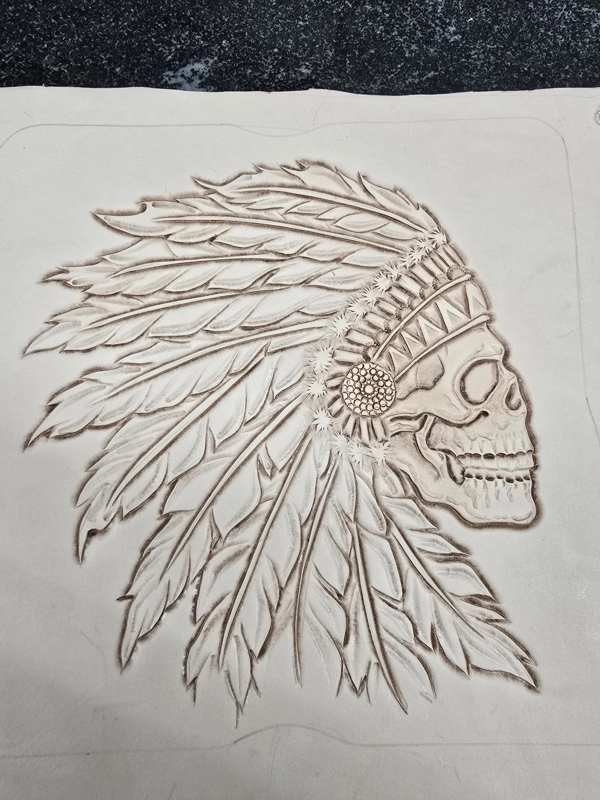 Skull wearing a Native American headdress with feathers.