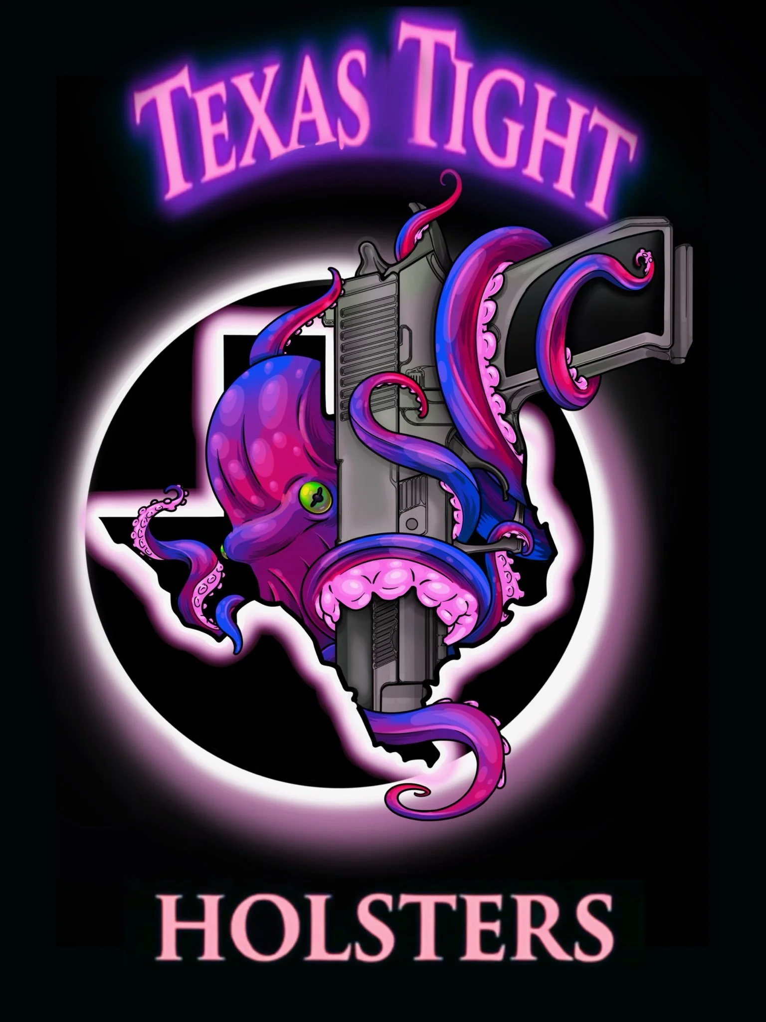 Graphic design featuring a gun with octopus tentacles wrapped around it, set against a Texas outline with a star. Text says 'TEXAS TIGHT HOLSTERS' in stylized pink letters.