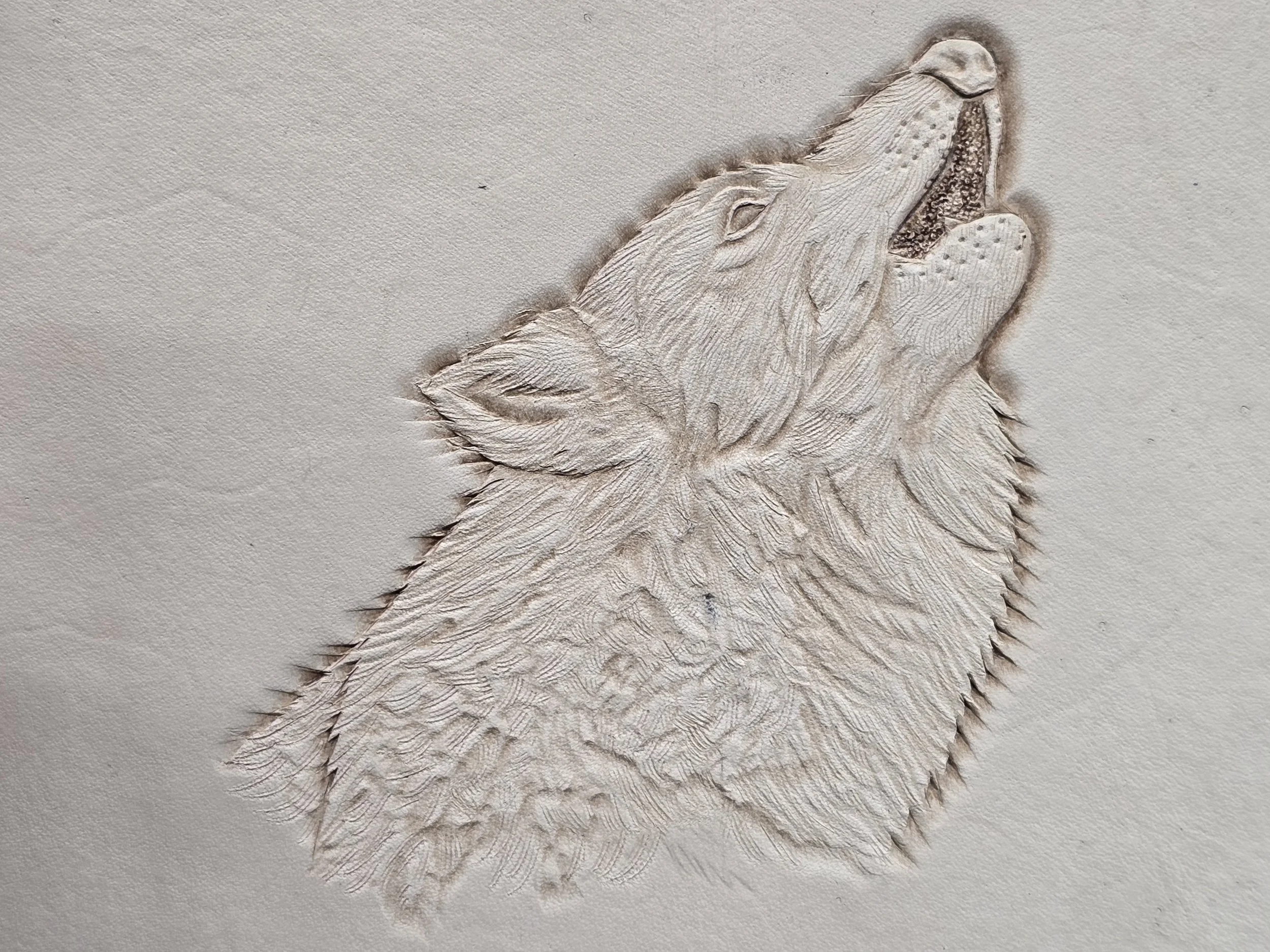 Embossed drawing of a howling wolf on paper.