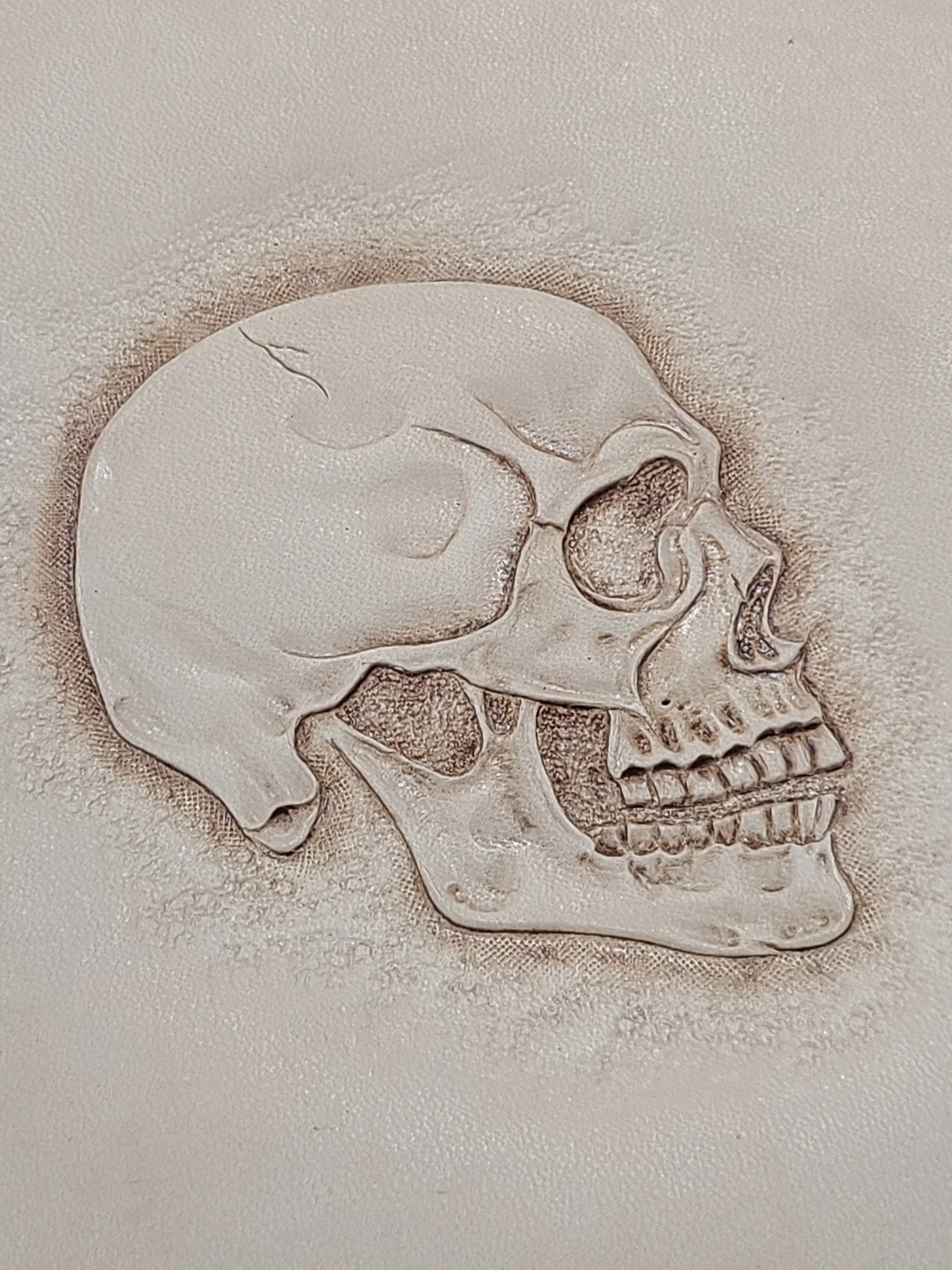 A white skull artwork embossed on a textured background.