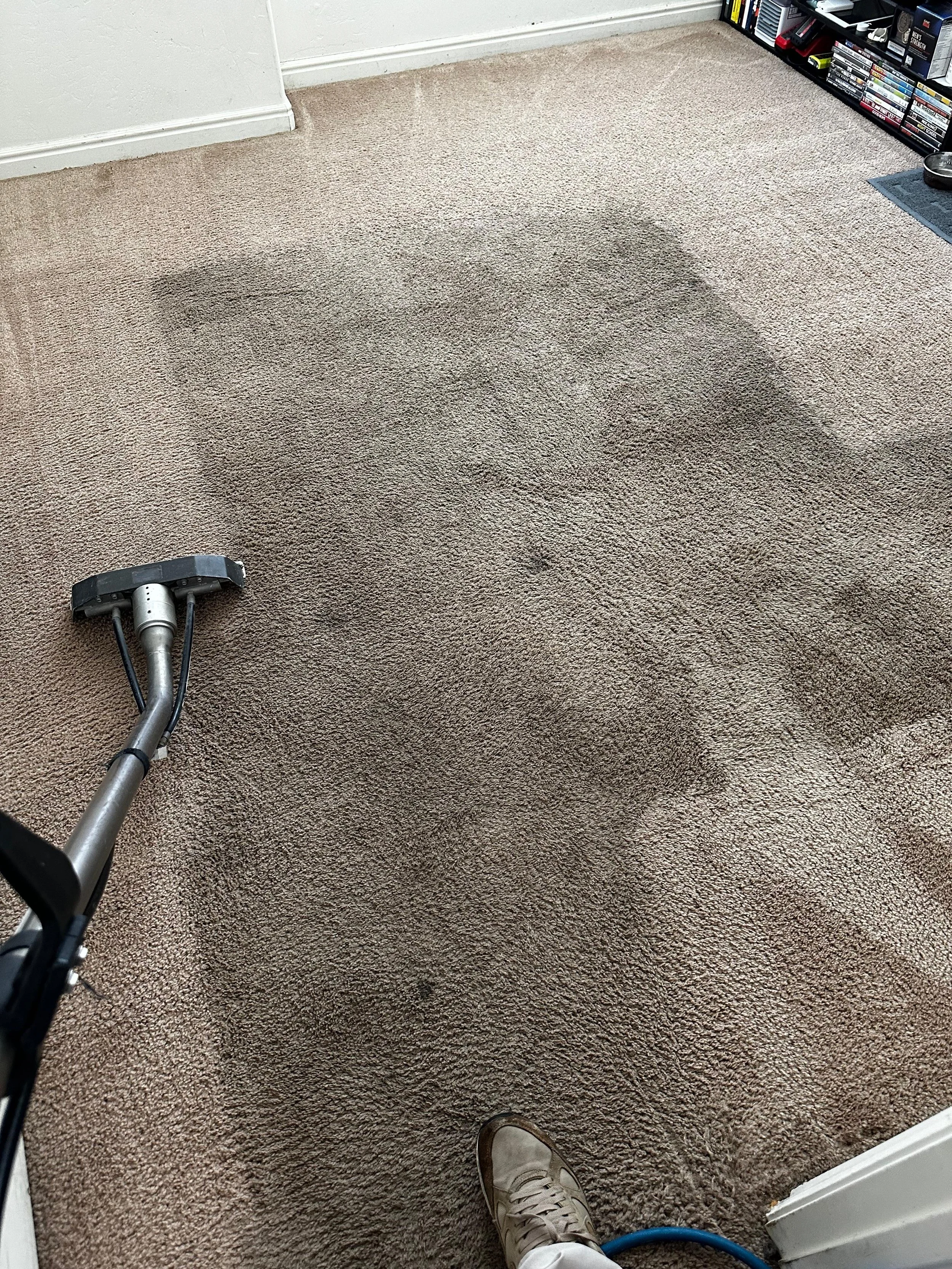 Vacuum cleaner cleaning a stained beige carpet in a room with beige walls and a bookshelf in the corner.
