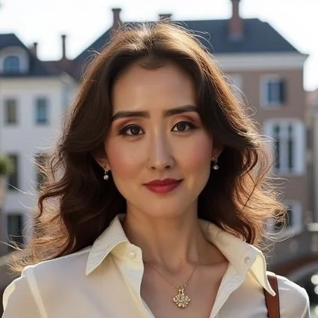 A woman with long wavy brown hair and red lipstick, wearing a white collared shirt and jewelry, standing outdoors in a city with buildings in the background.