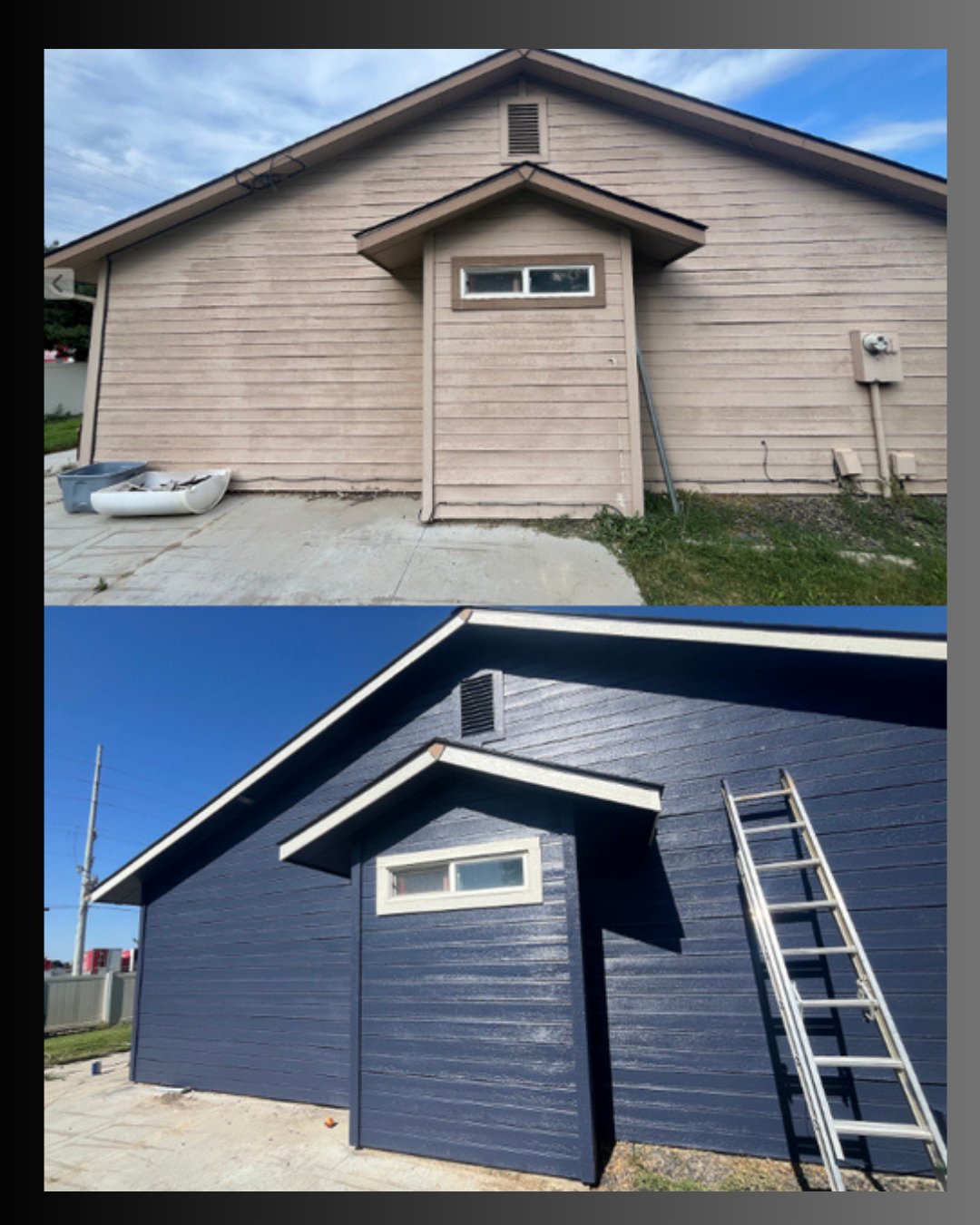Side view of a house before and after painting, showing the house's exterior wall, small window, ladder, and garage area, with the house painted beige in the top image and dark blue in the bottom image.