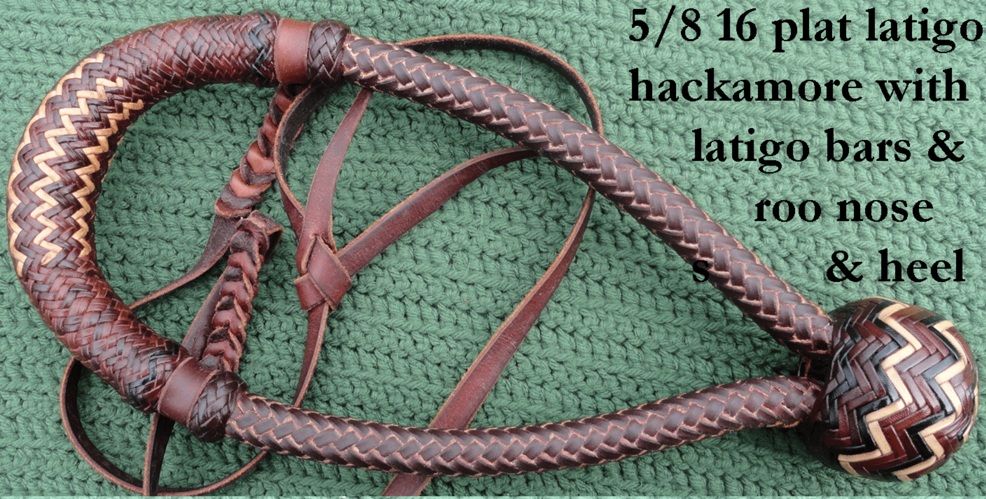 A 5/8 inch 16 platinum latigo hacking horse bridle with latigo bars, roo nose, and heel