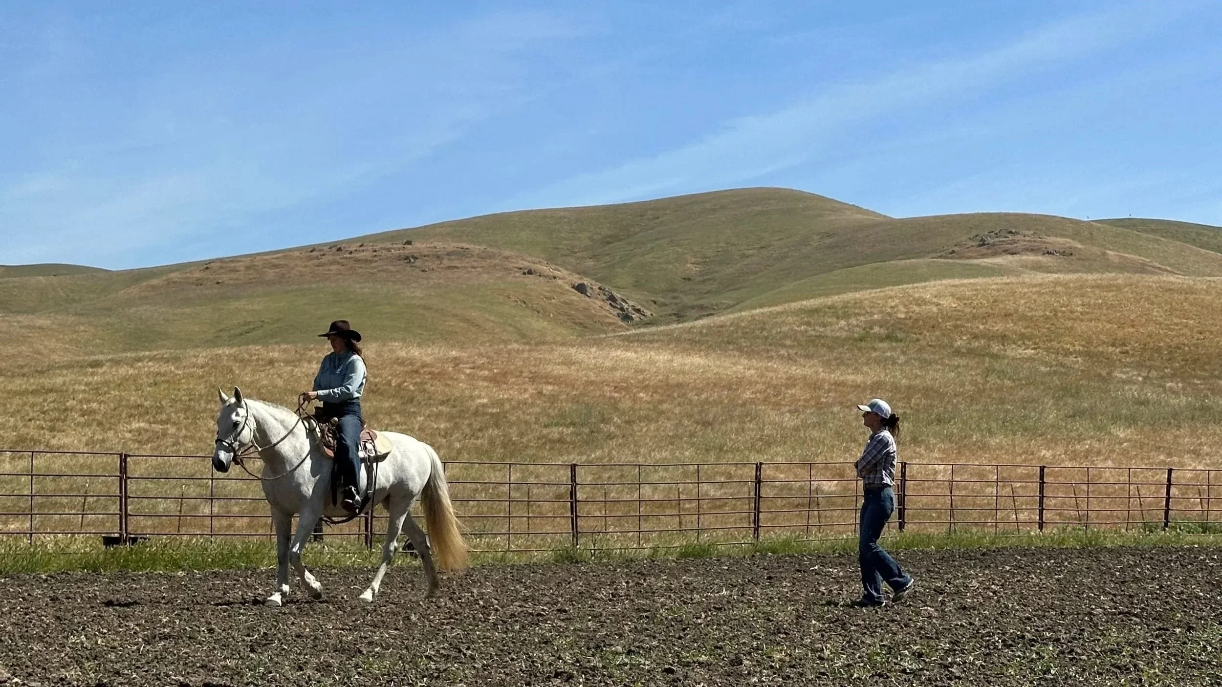 A person rides a white horse inside a fenced area while another person walks on the ground nearby. The background features rolling grassy hills under a blue sky.