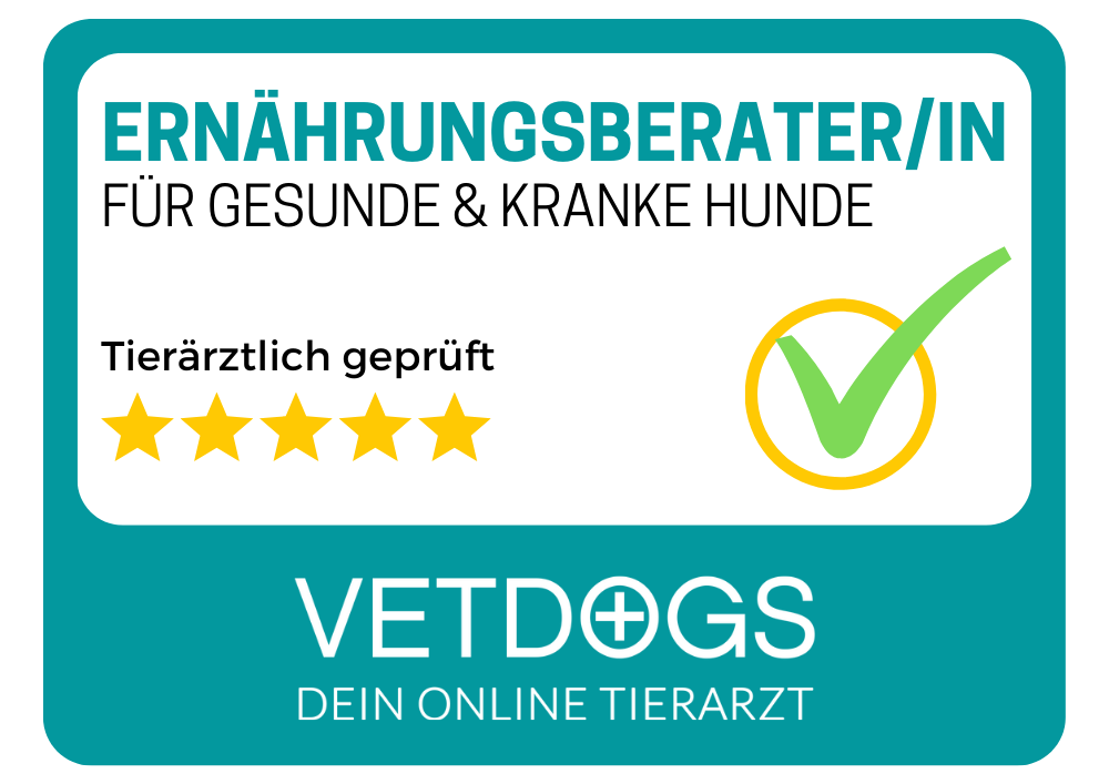 Etikett für Tierernährungsberater für gesunde & kranke Hunde, tierärztlich geprüft, mit fünf goldenen Sternen und grünem Häkchen, Marke VETDOGS, dein Online-Tierarzt.