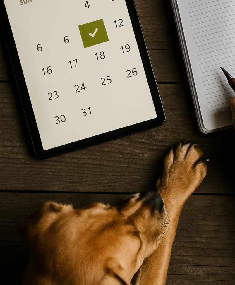 Ein Tablet zeigt einen Kalender mit einem markierten Datum, daneben liegt ein Notizbuch und eine Hand hält einen Stift. Ein Hund leckt eine Hand auf dem Tisch.