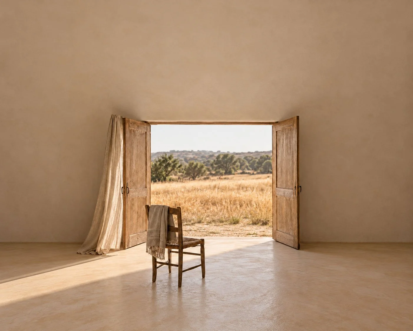 An empty wooden chair sits in a warm, plain room, turned toward wide open doors and a sunlit field of dry grass.