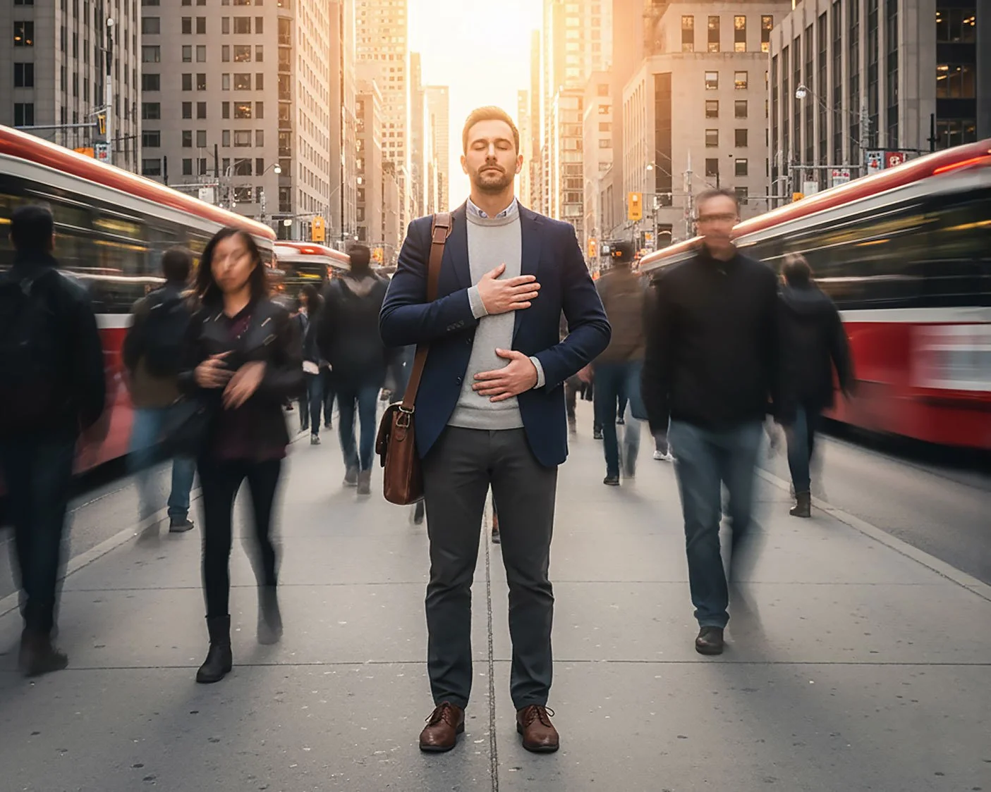 Group of professionals walking purposefully through an urban environment, representing the gap between physical presence and genuine quality of attention in leadership