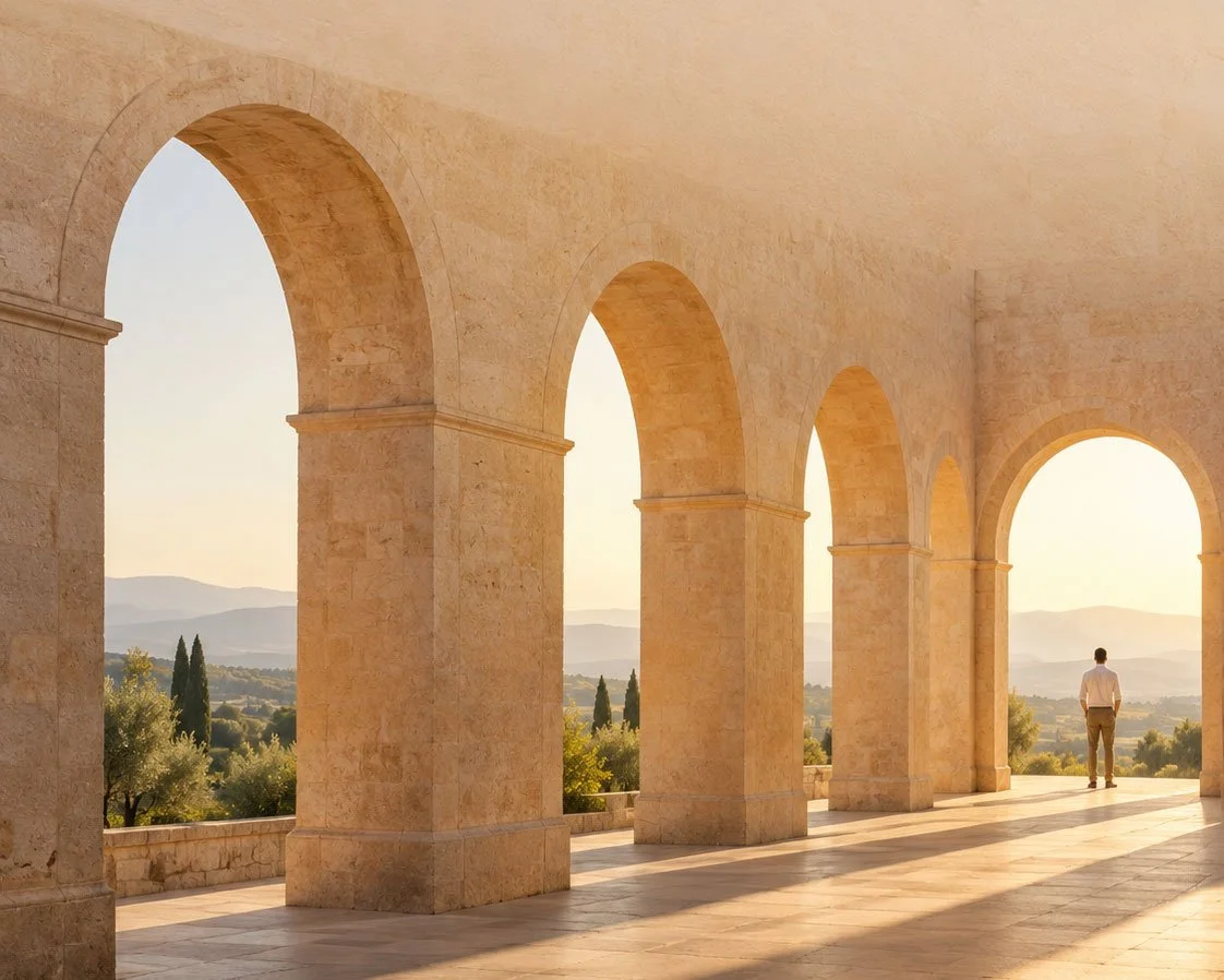 Sunlit sandstone archways open to hills and sky, with a man in shirtsleeves standing in the farthest arch, seen from behind.