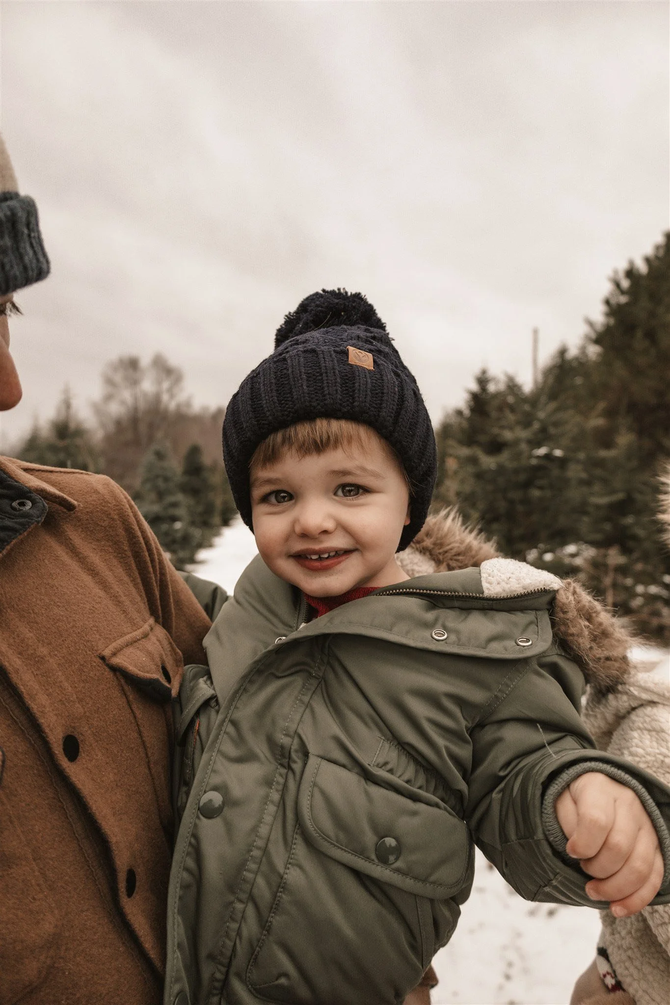 A young boy wearing a black knit hat and winter coat is being held by an adult outdoors in a winter landscape with snow and evergreen trees.
