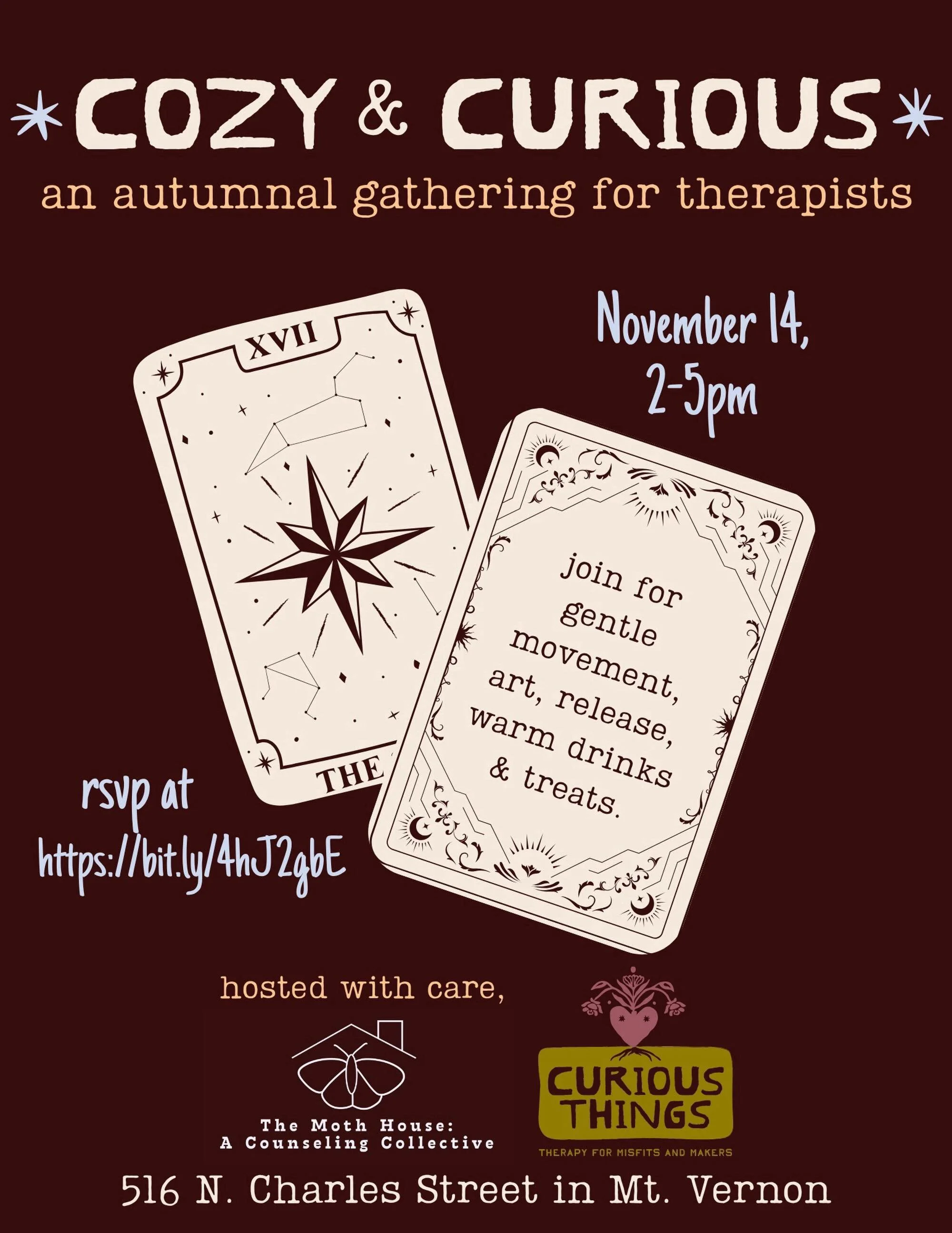 In partnership with @wearecuriousthings in their beautiful &amp; moody Mount Vernon space, we are delighted to host this cozy gathering for mental health workers as we settle into the colder months. 🍂 There will be a guided grounding activity, a cau