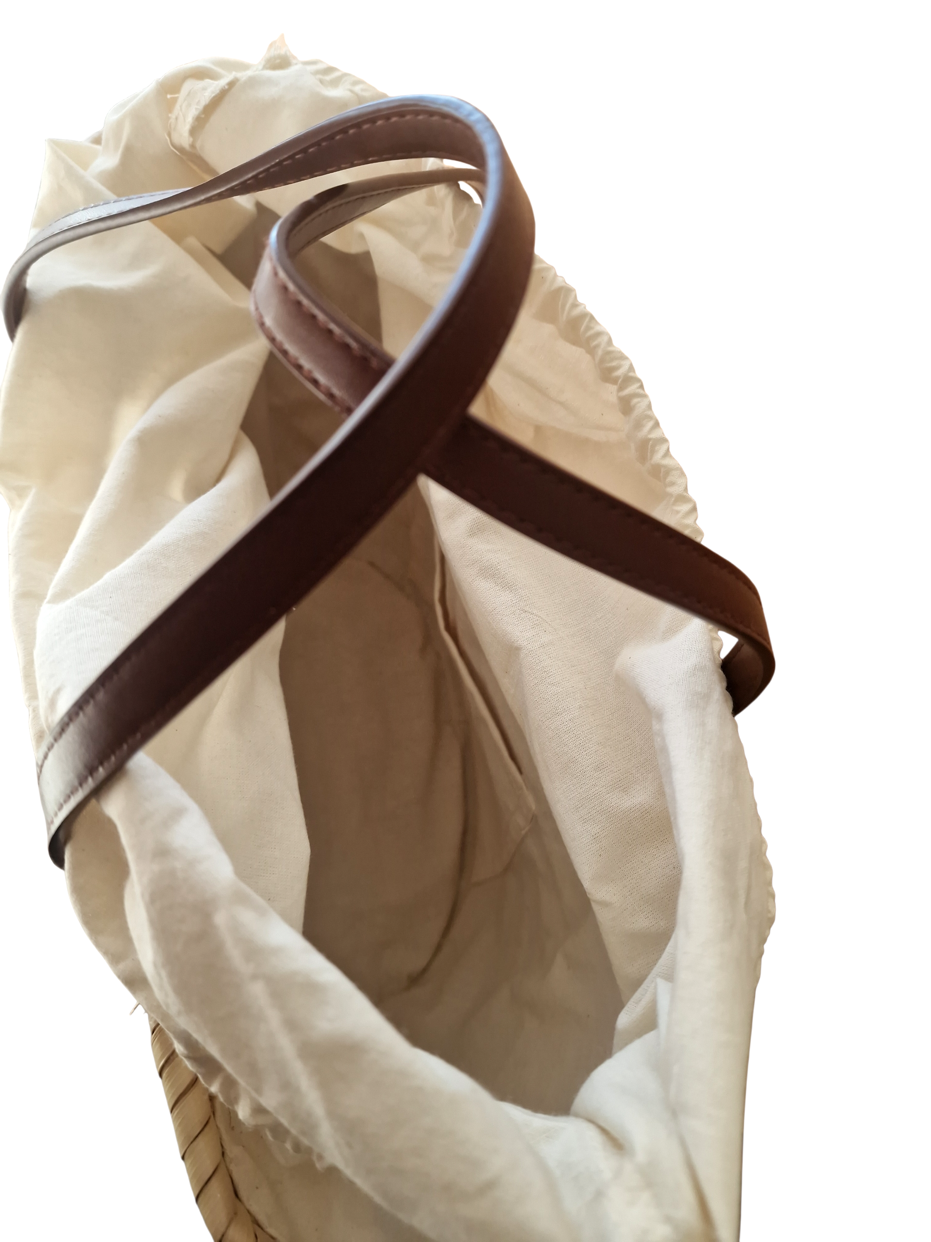 Perlina borsa coffa Ammuri vista dall'alto con sacchetto interno di cotone grezzo e tasca