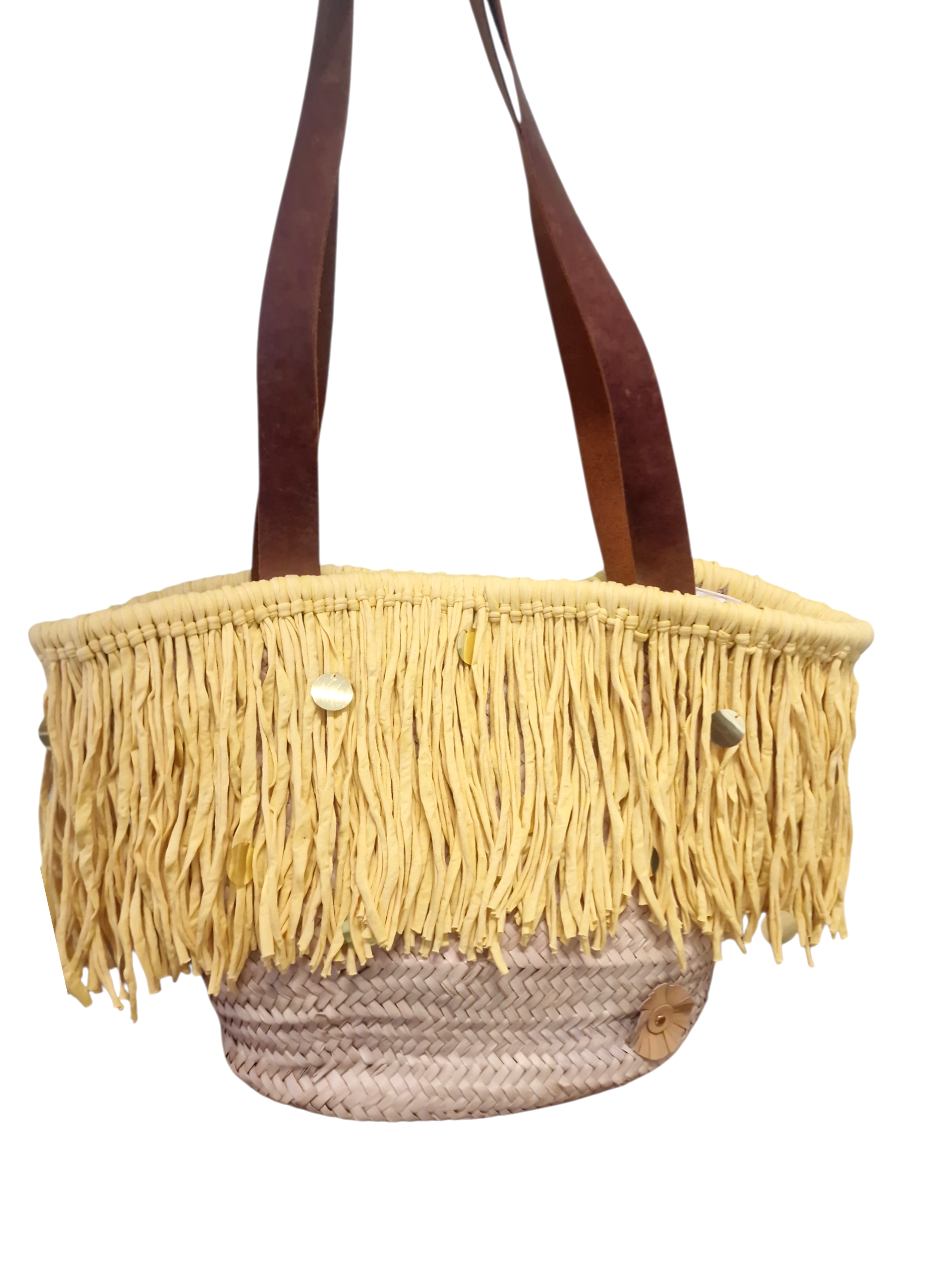maxi coffa marisol con frangia in cotone giallo pastello e paillette , tutta fatta a mano , con manici in cuoio e fiore ammuri in pelle naturale