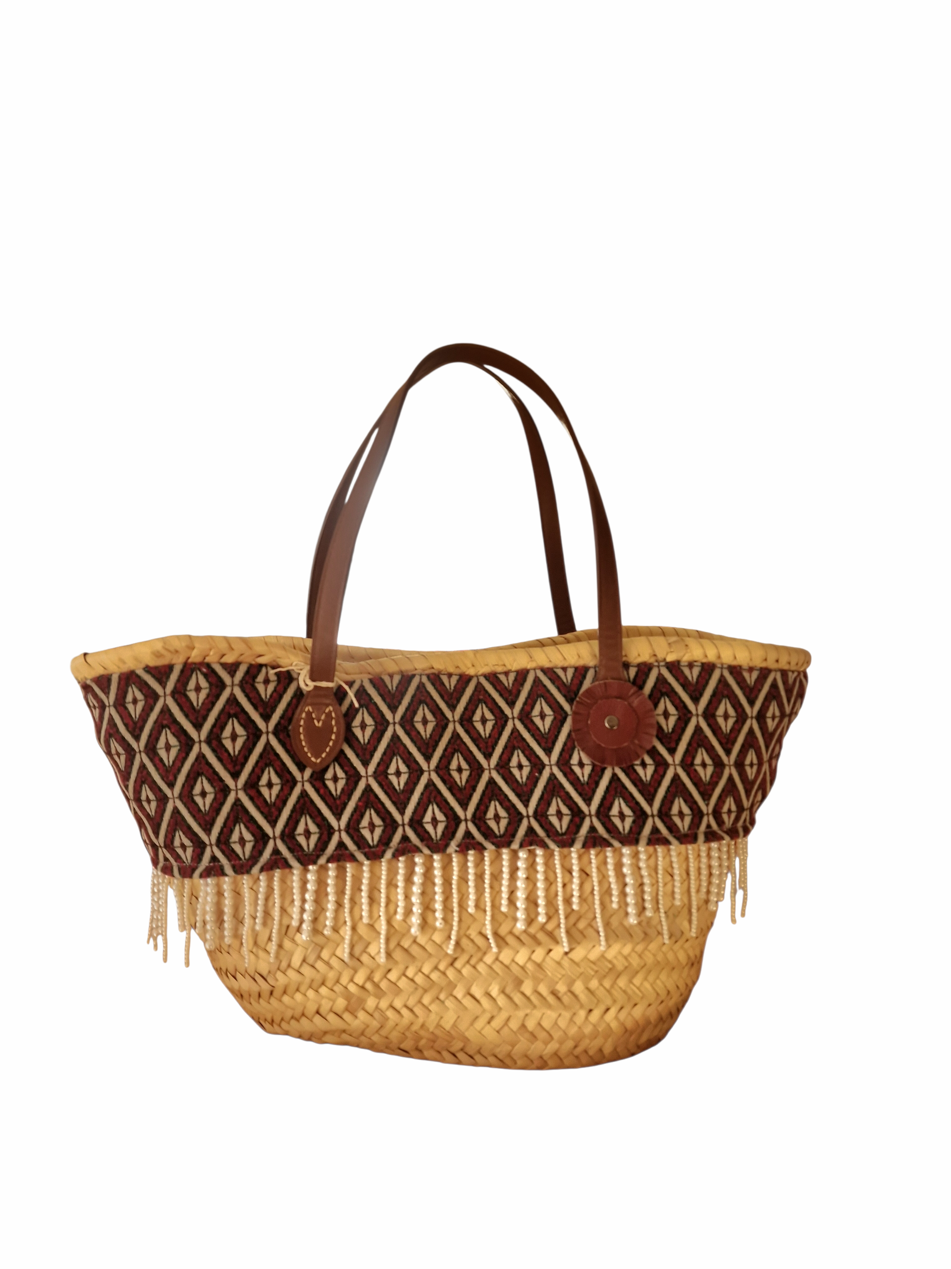 Perlina collezione Ammuri borsa da donna elegante da giorno con manici in pelle ,tessuto geometrico, frangia di perle