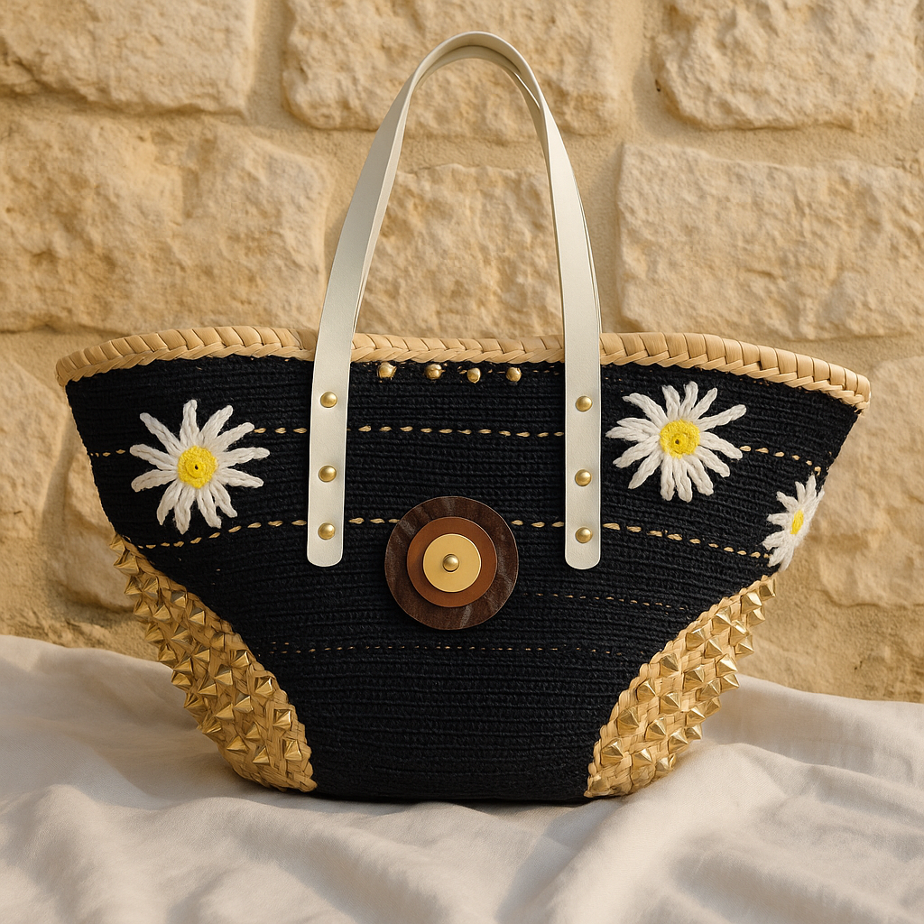 Coffa Ammuri in fibra naturale, realizzata a mano in Siciloia con manici in pelle, rivestimento ad uncinetto e margherite bianche. Borchie dorate ai lati