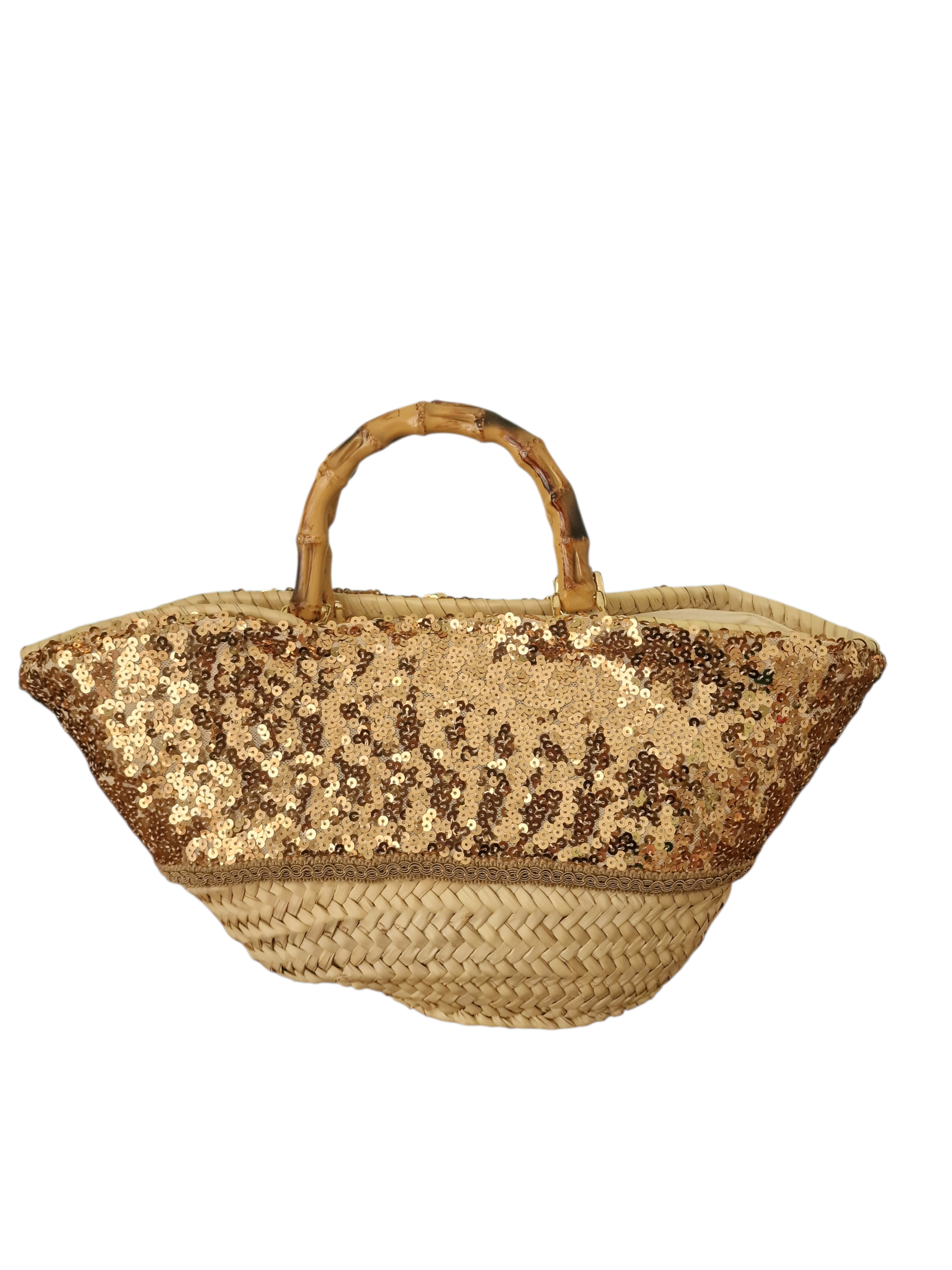 retro della coffa borsa splendura rivestita di paillette dorate , manici in bambù e fiore in pelle naturale